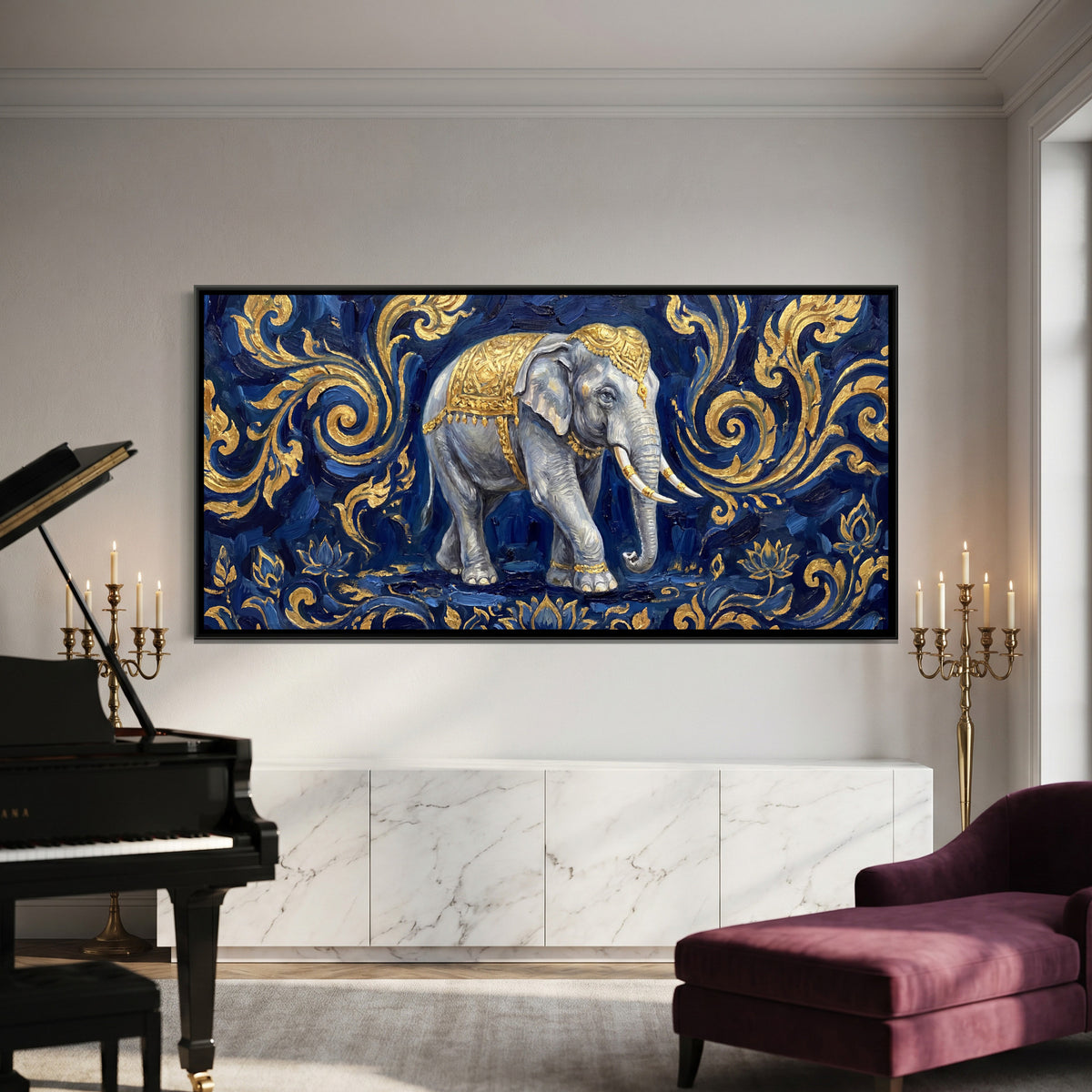 Gold Elephant — framed canvas art hung on a wall