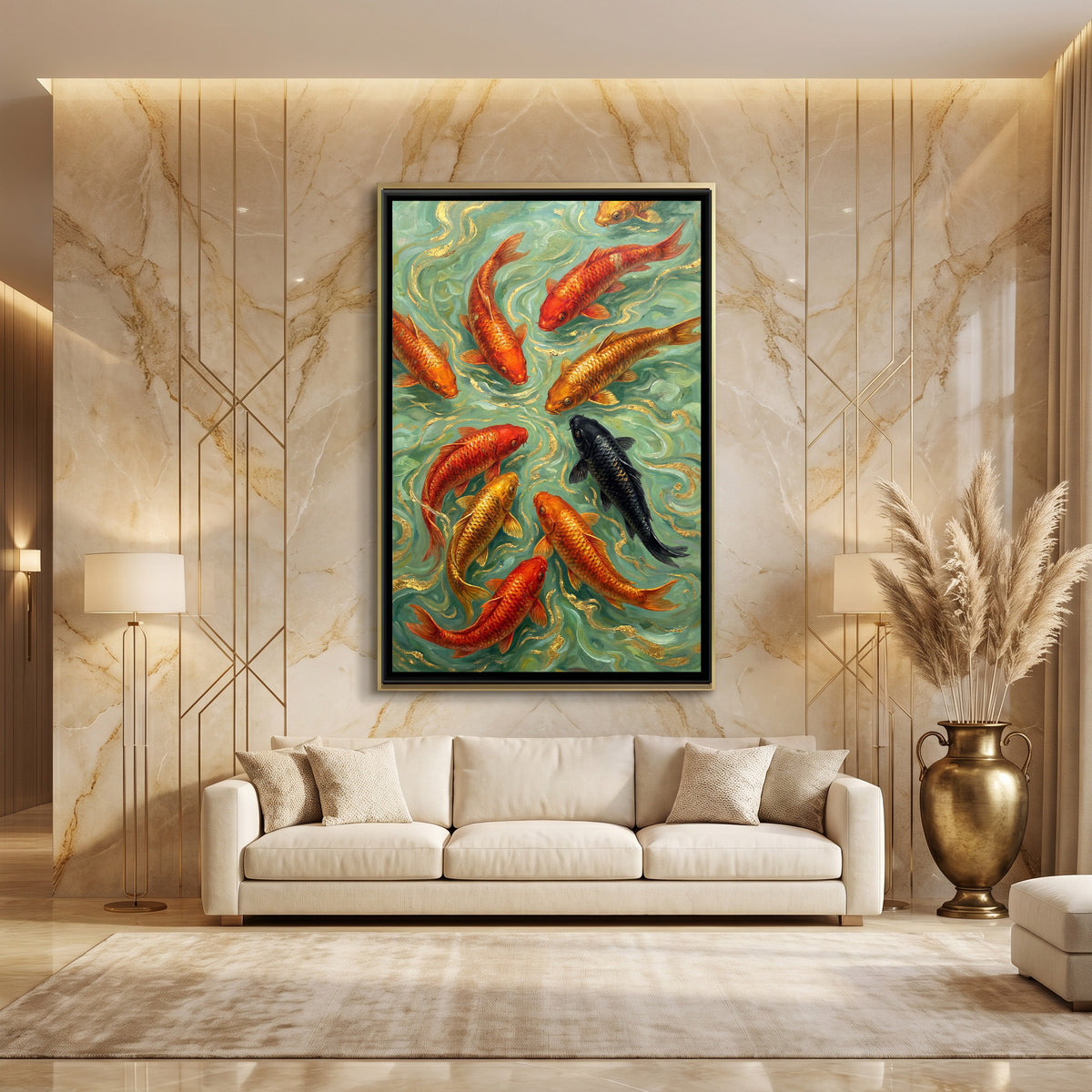 Vastu Koi Fish — canvas art shown in a styled room