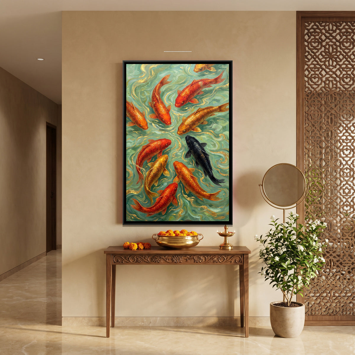 Vastu Koi Fish — canvas art shown in a second room setting