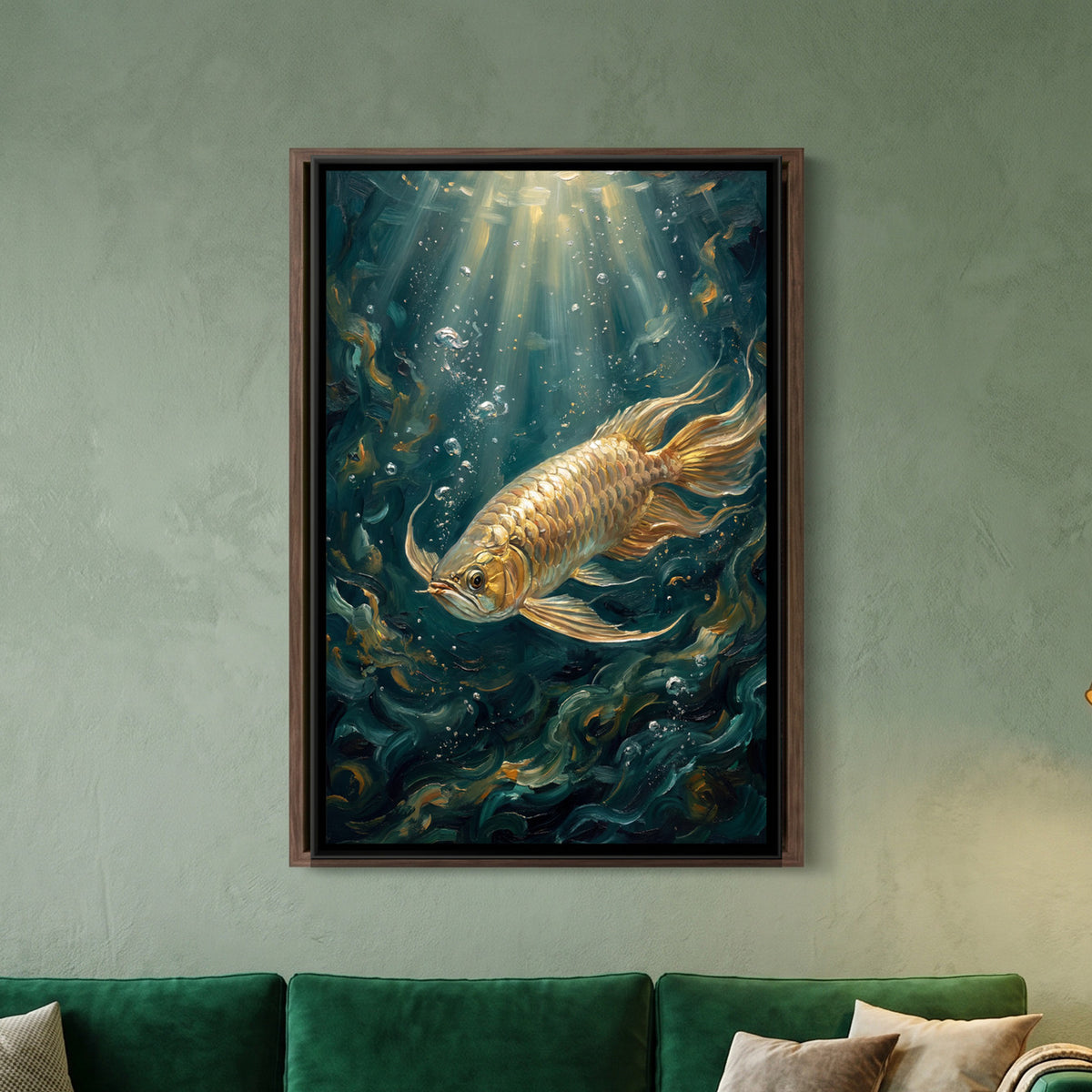 Golden Arowana Fish — framed canvas art hung on a wall