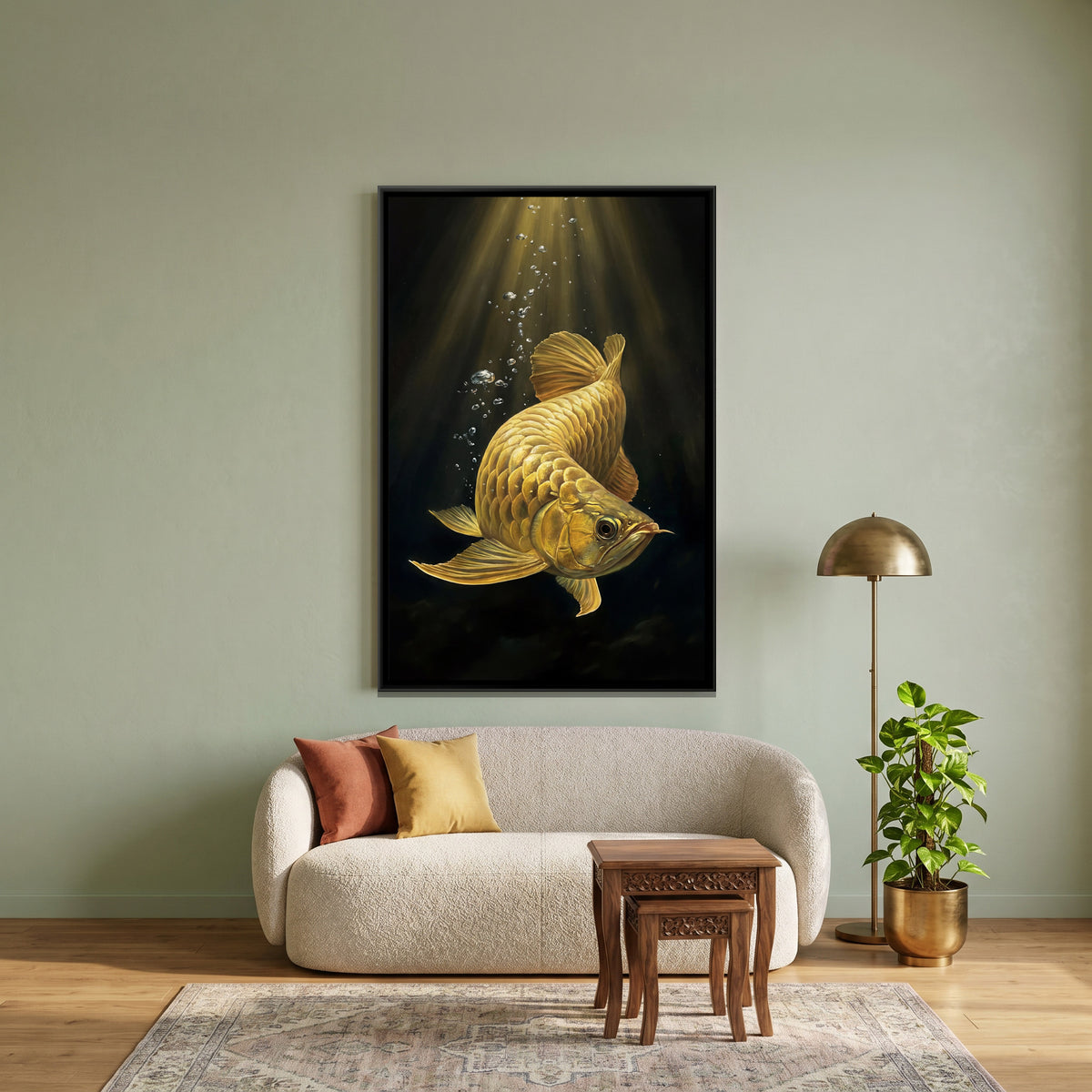 Golden Arowana Fish — canvas art shown in a styled room