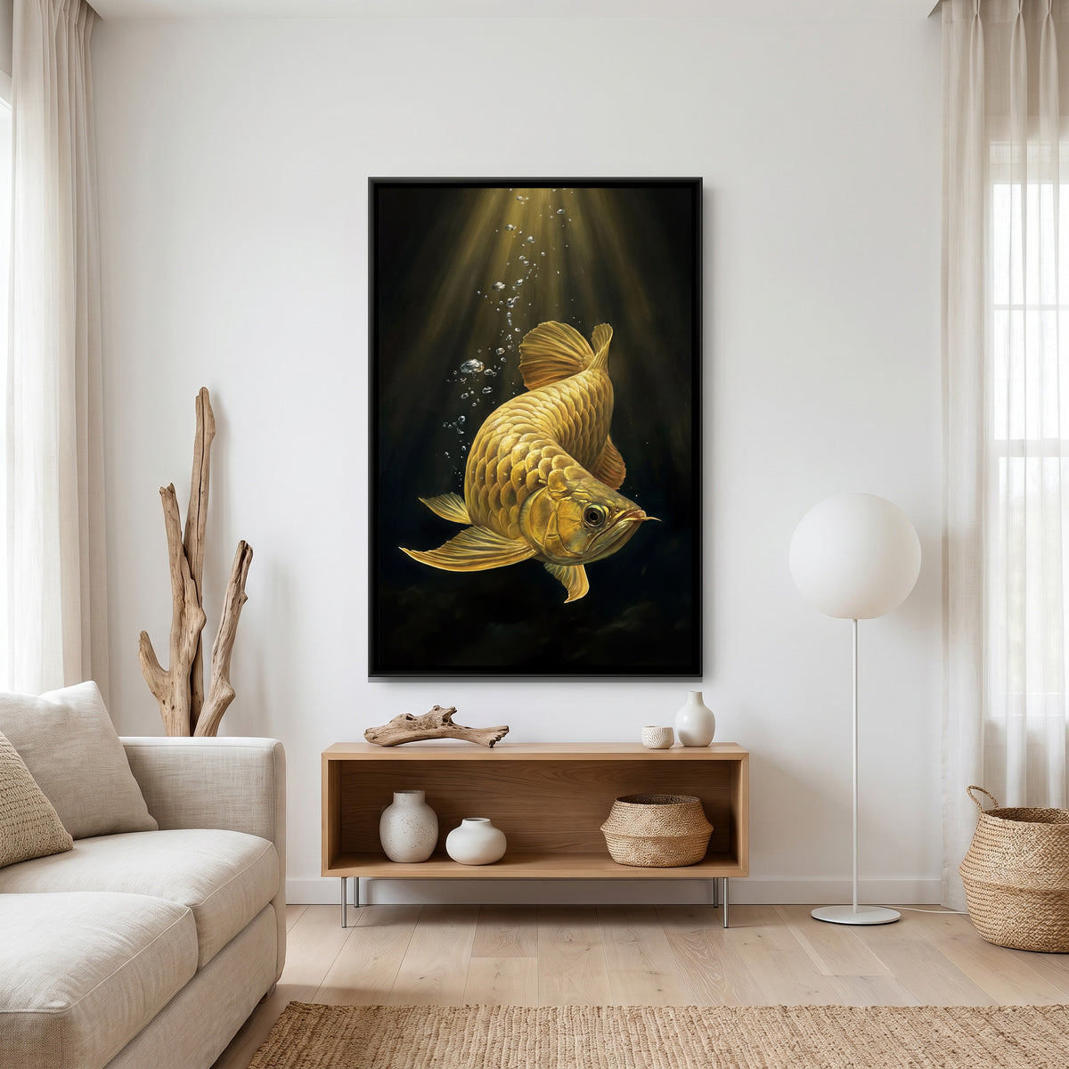 Golden Arowana Fish — canvas art shown in a second room setting