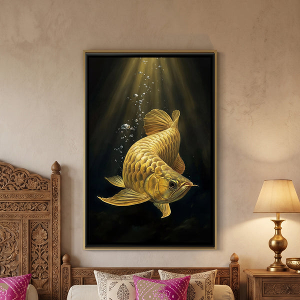 Golden Arowana Fish — framed canvas art hung on a wall