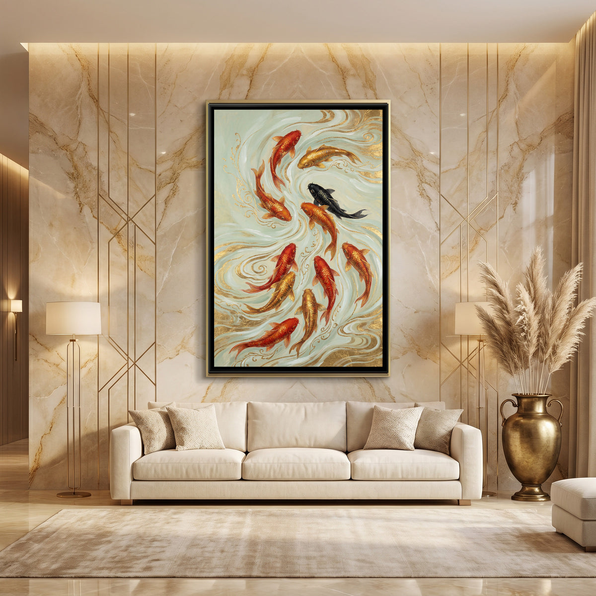Vastu Koi Fish — canvas art shown in a styled room