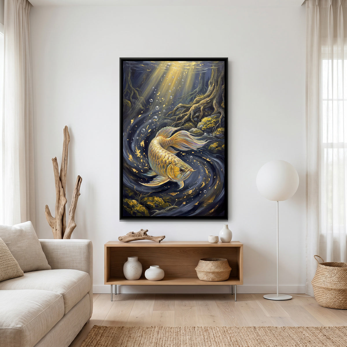 Golden Arowana Fish — canvas art shown in a second room setting