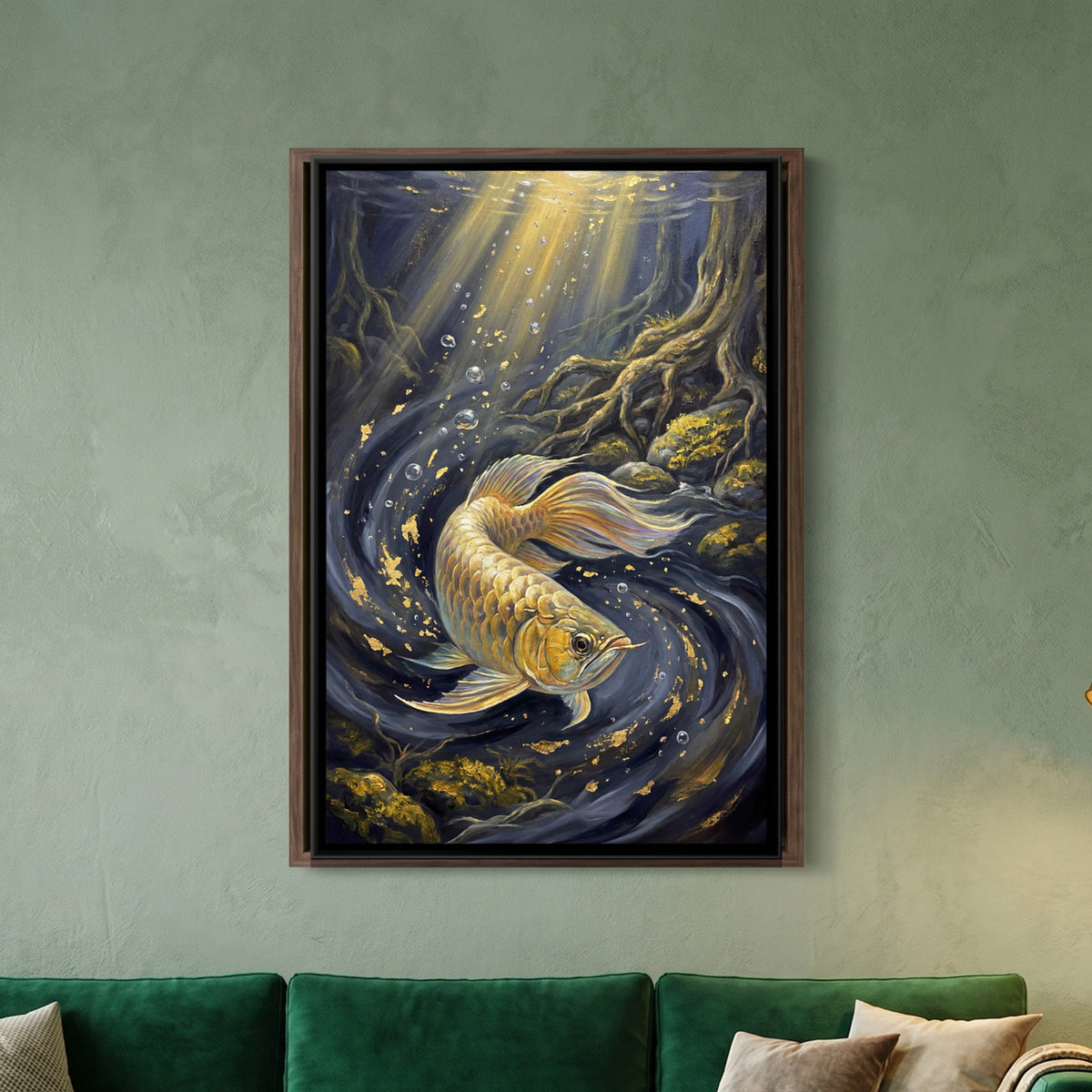 Golden Arowana Fish — framed canvas art hung on a wall