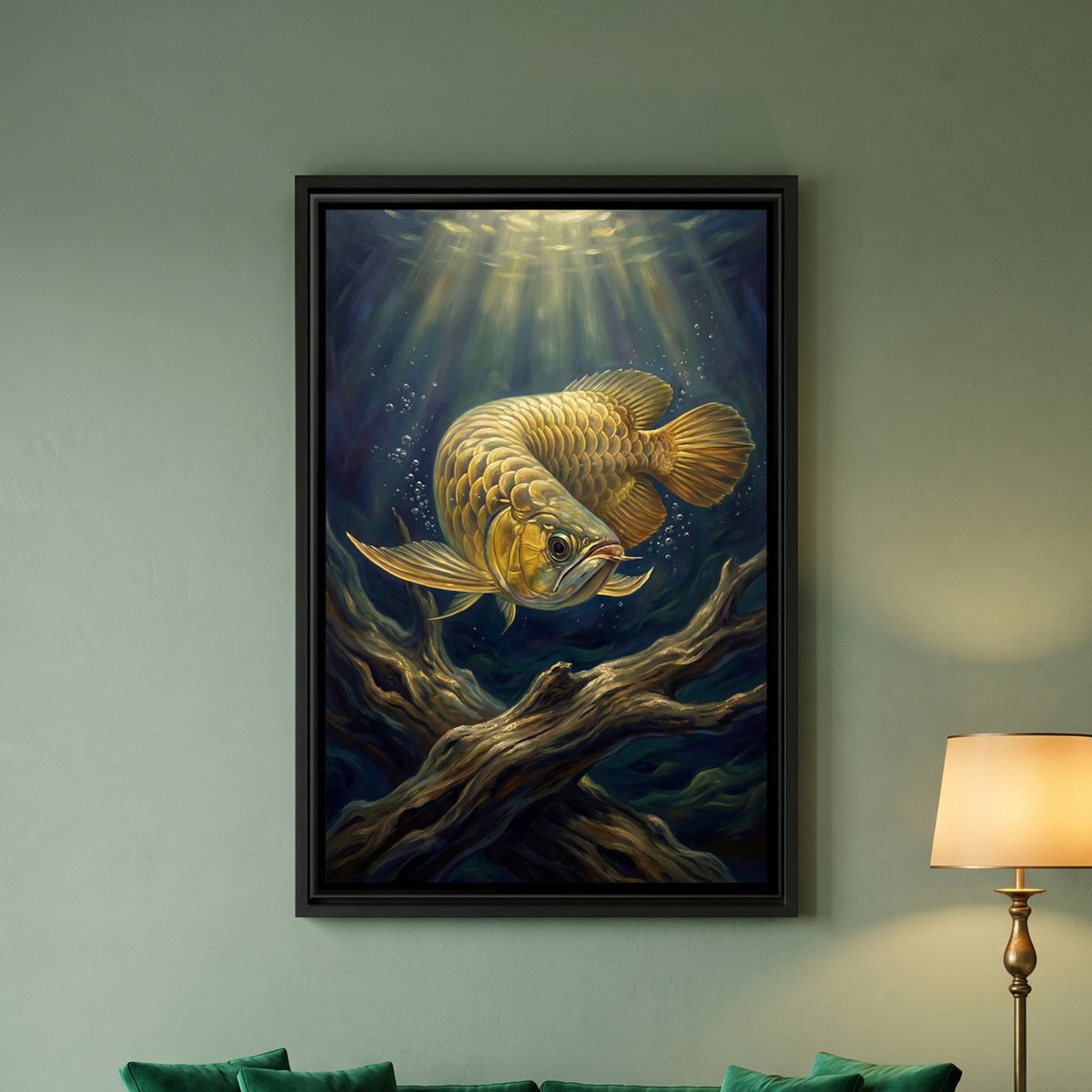 Golden Arowana Fish — framed canvas art hung on a wall