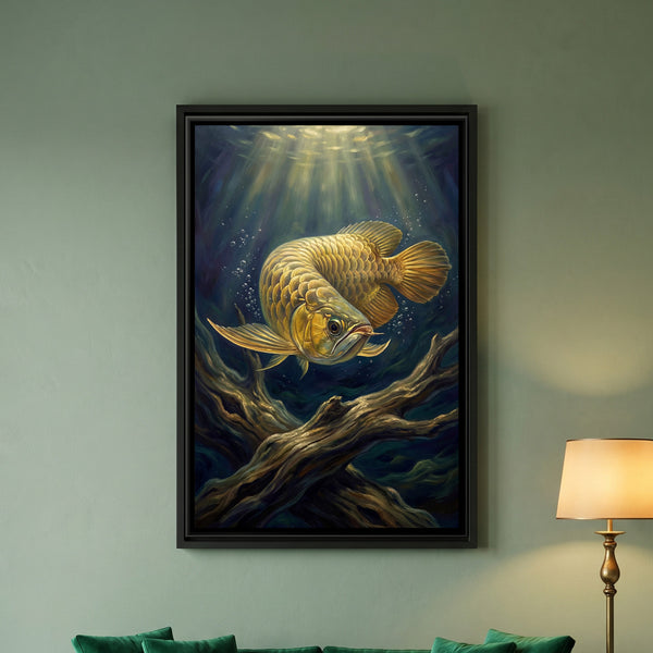Golden Arowana Fish — framed canvas art hung on a wall
