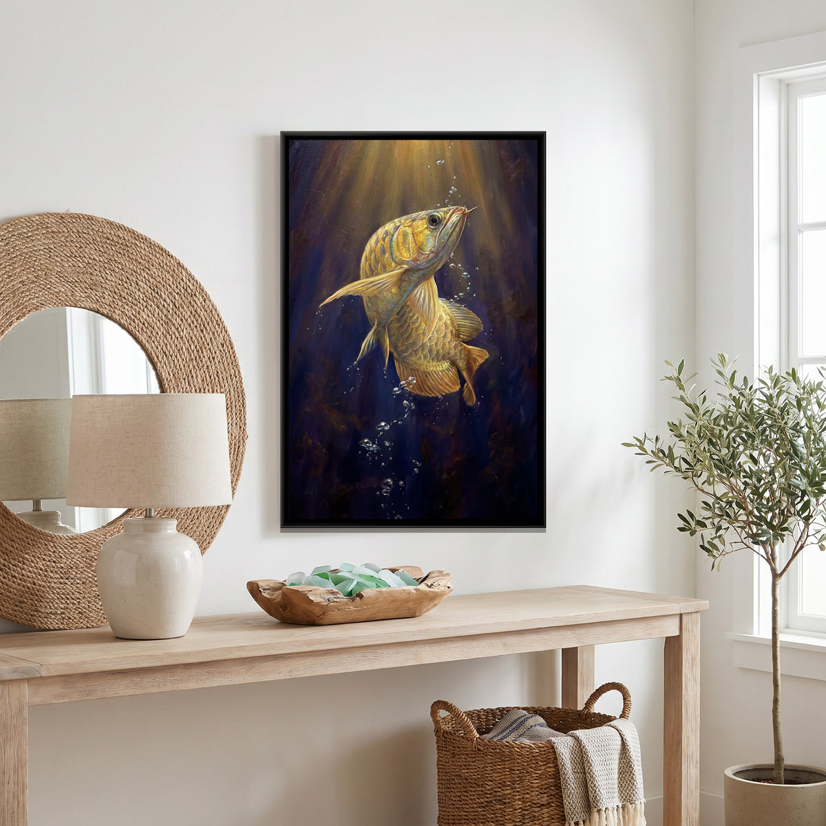 Golden Arowana Fish — canvas art shown in a styled room