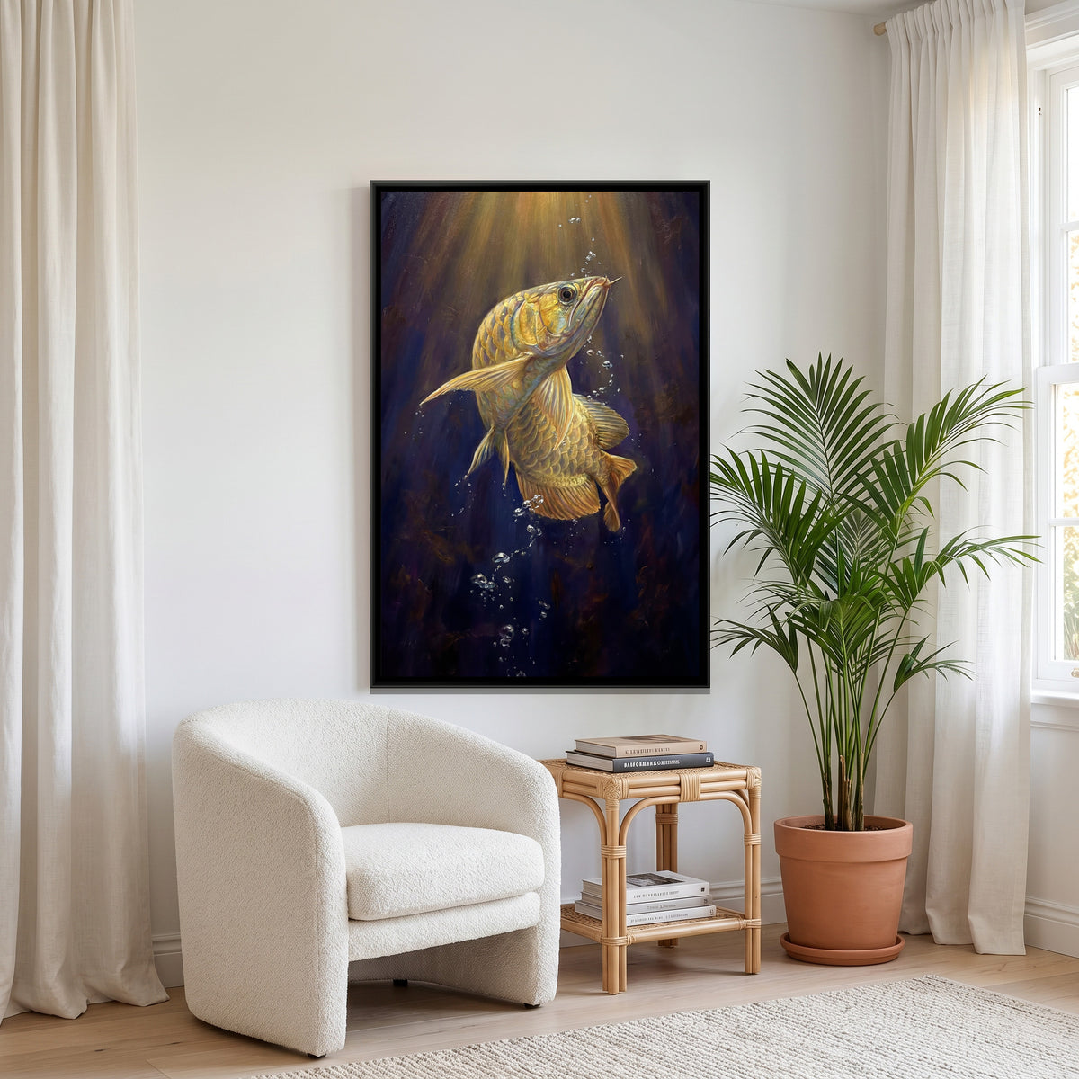 Golden Arowana Fish — canvas art shown in a second room setting