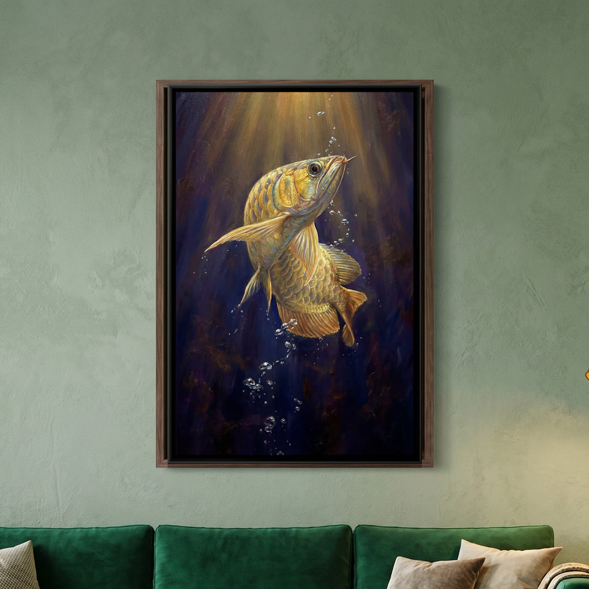 Golden Arowana Fish — framed canvas art hung on a wall