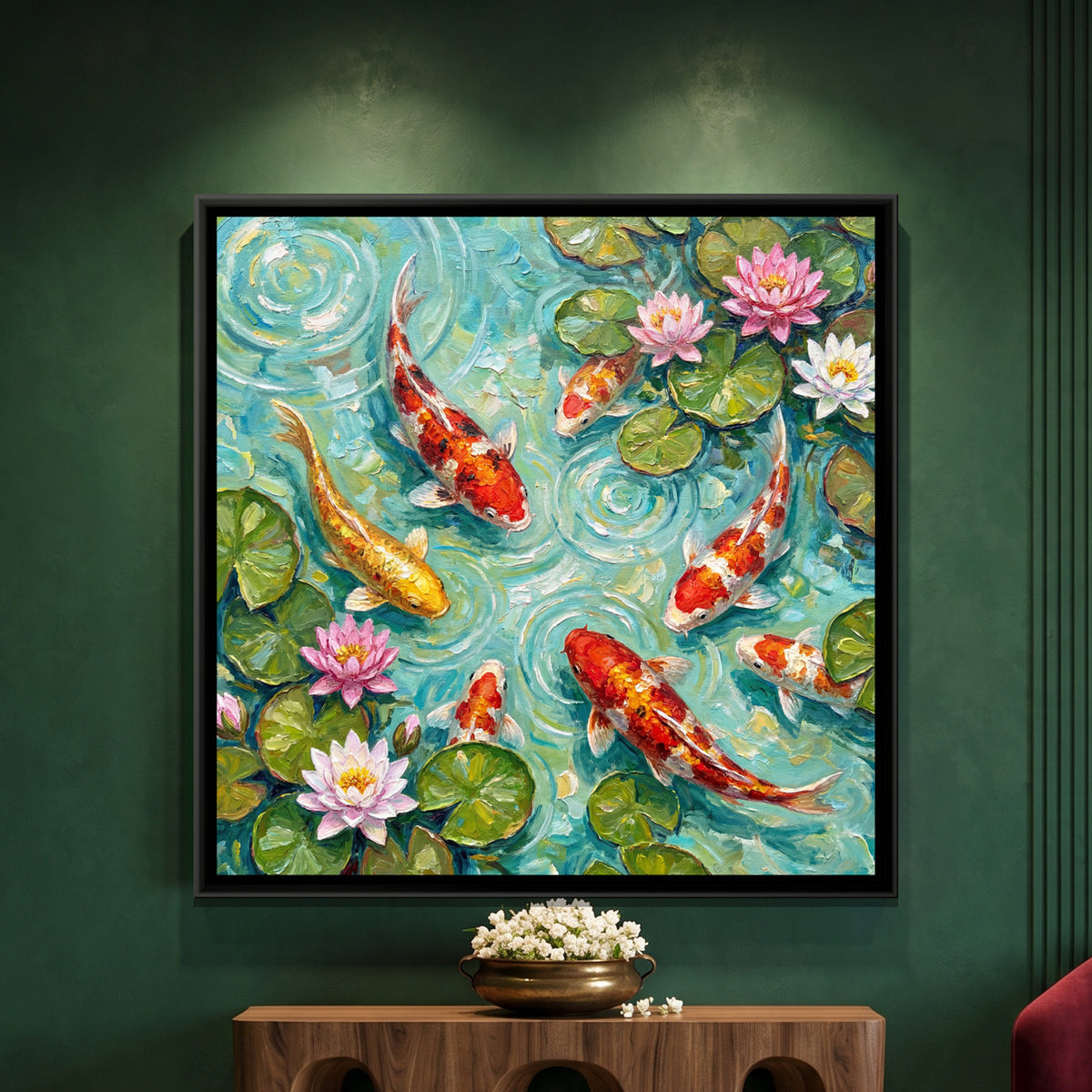 Koi Pond — framed canvas art hung on a wall