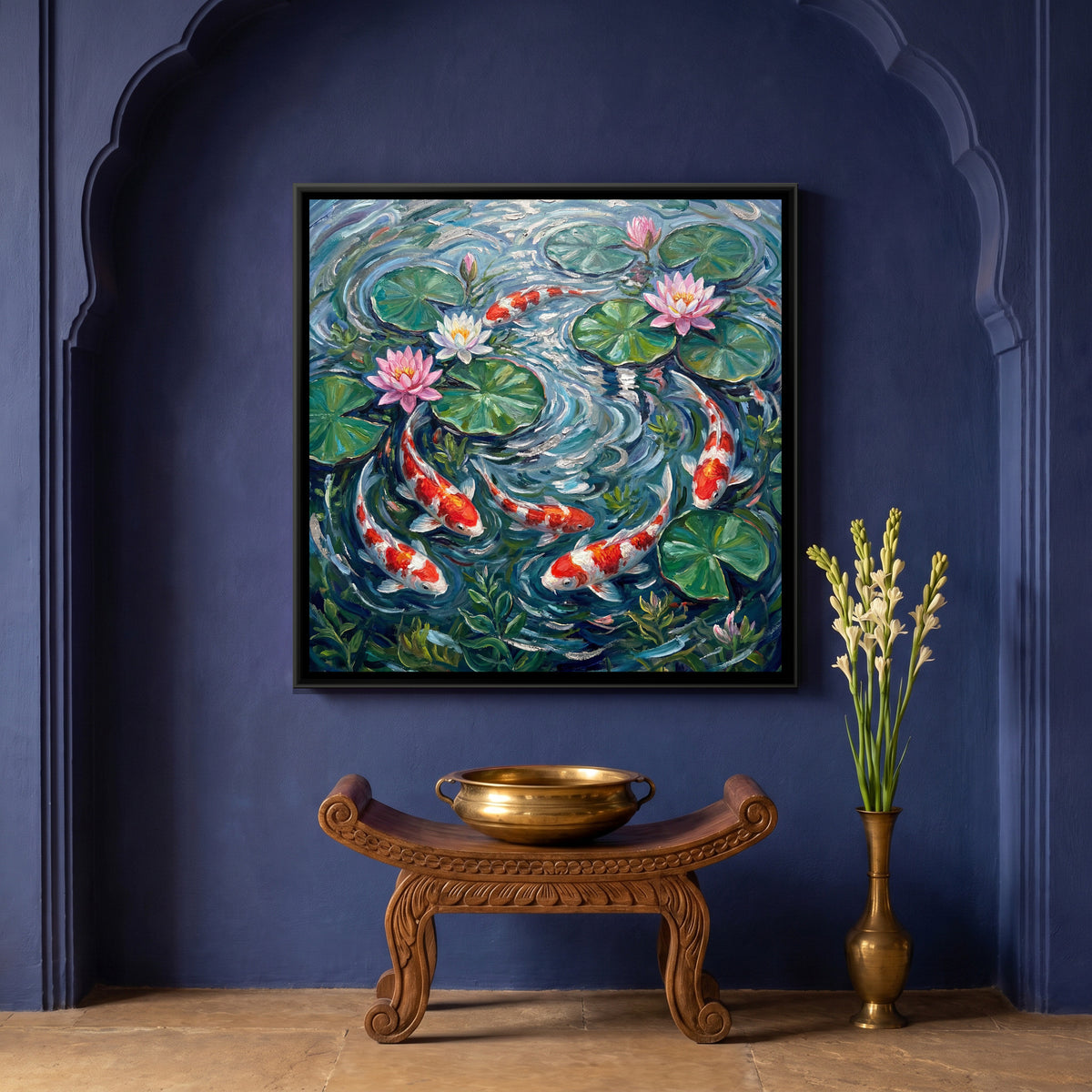 Koi Pond — canvas art shown in a styled room