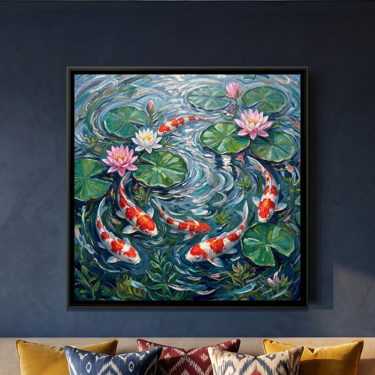 Koi Pond — framed canvas art hung on a wall