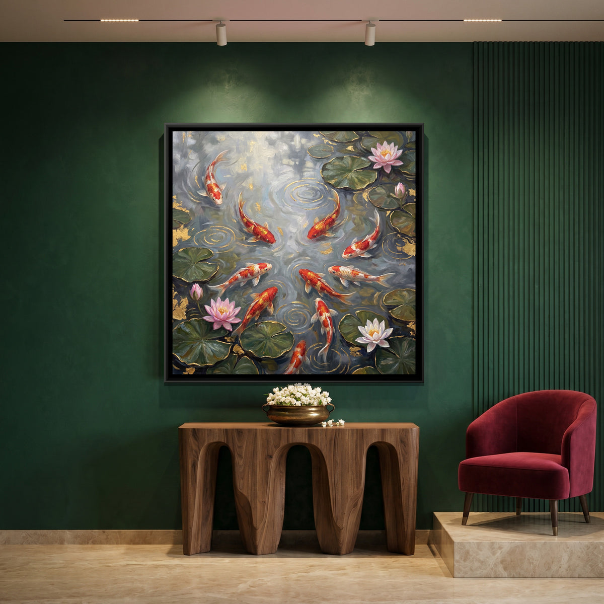 Koi Pond — canvas art shown in a styled room