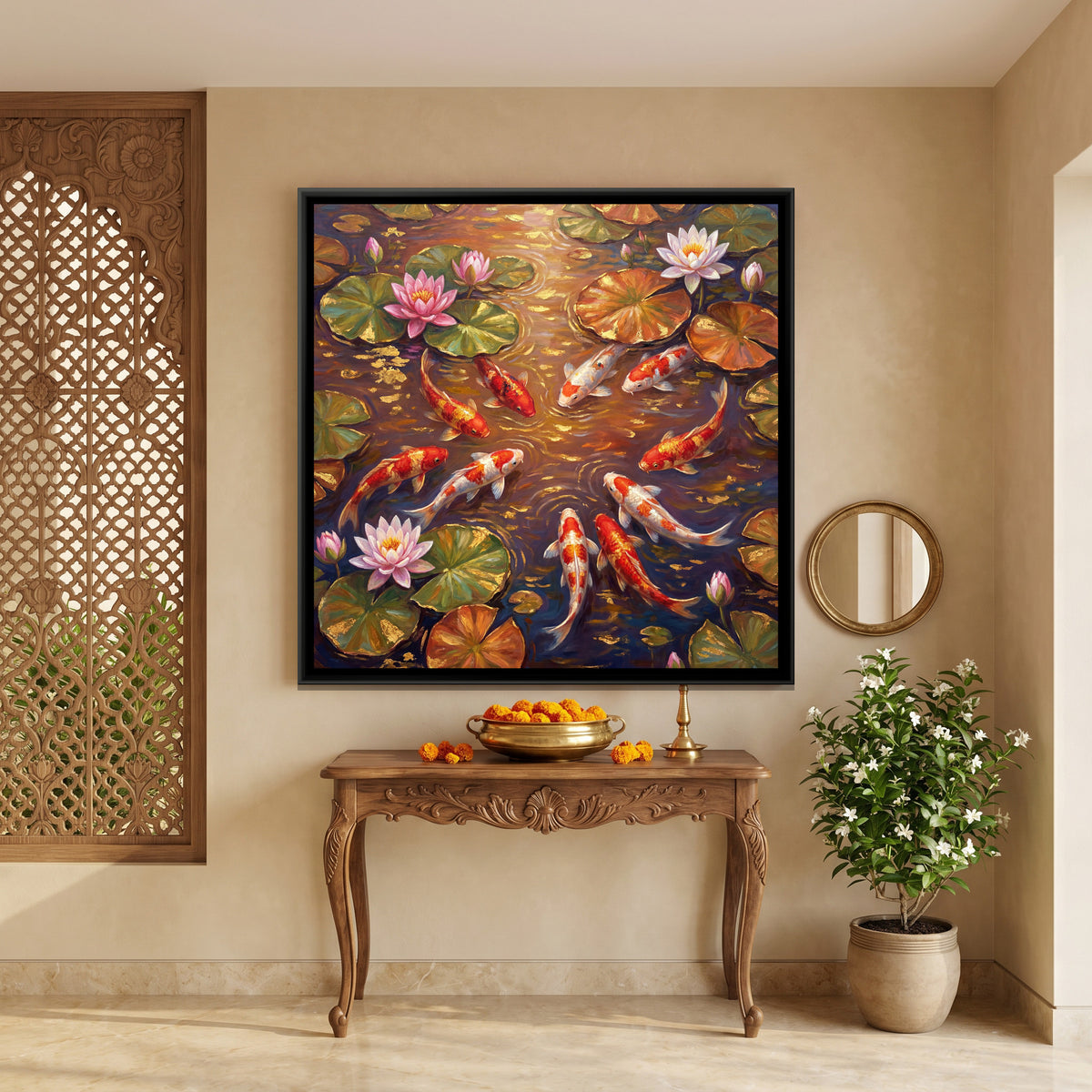 Koi Pond — canvas art shown in a styled room