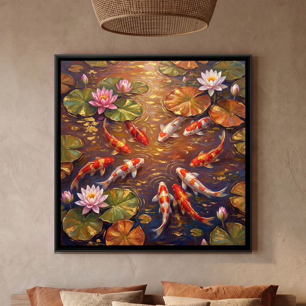 Koi Pond — framed canvas art hung on a wall