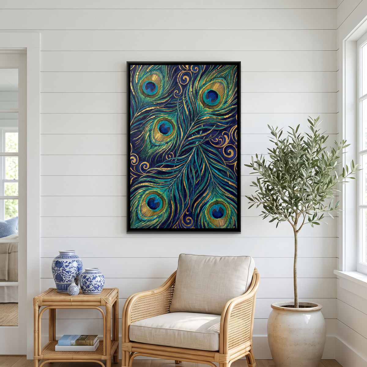 Peacock Feathers — canvas art shown in a second room setting