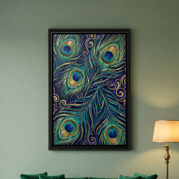 Peacock Feathers — framed canvas art hung on a wall