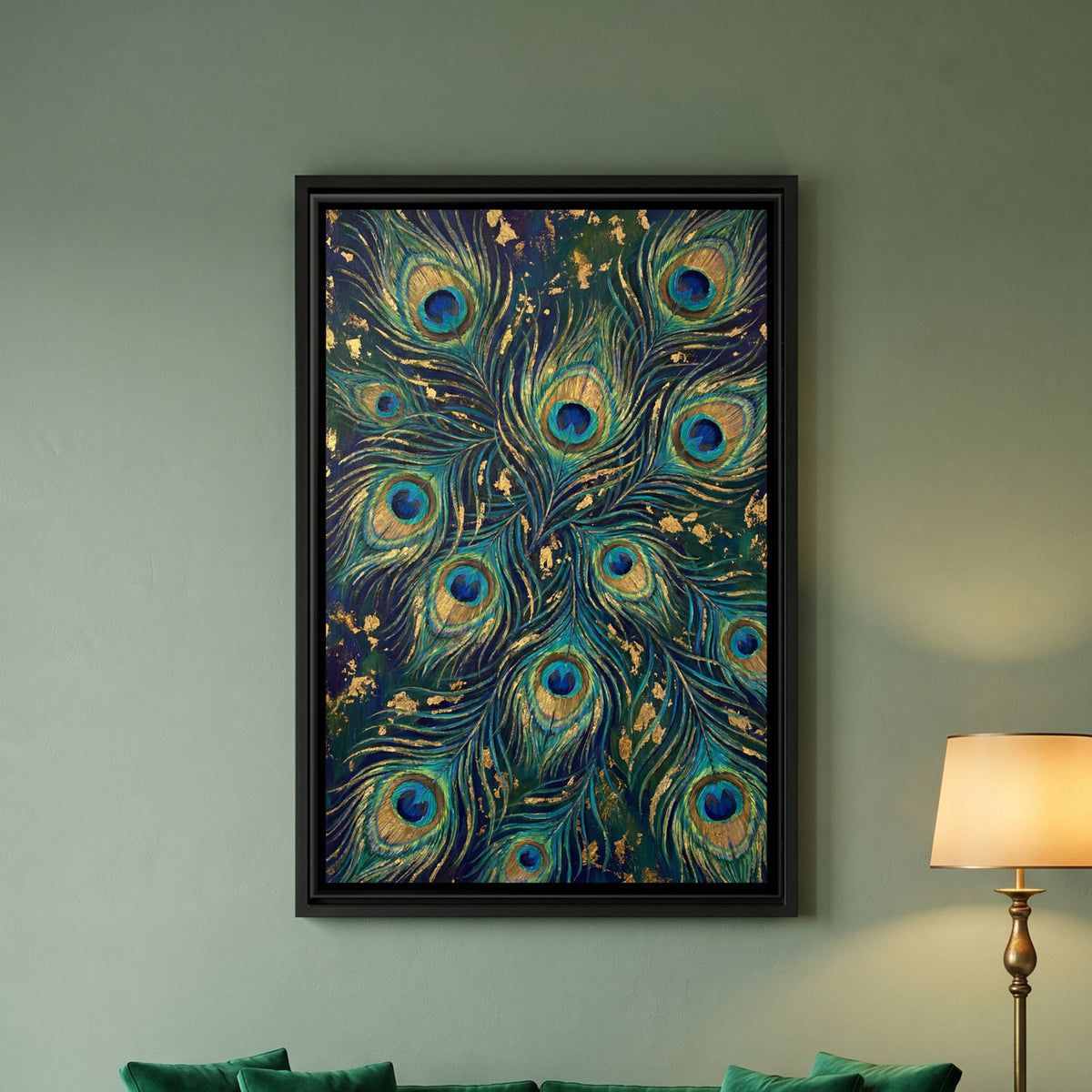 Peacock Feathers — framed canvas art hung on a wall