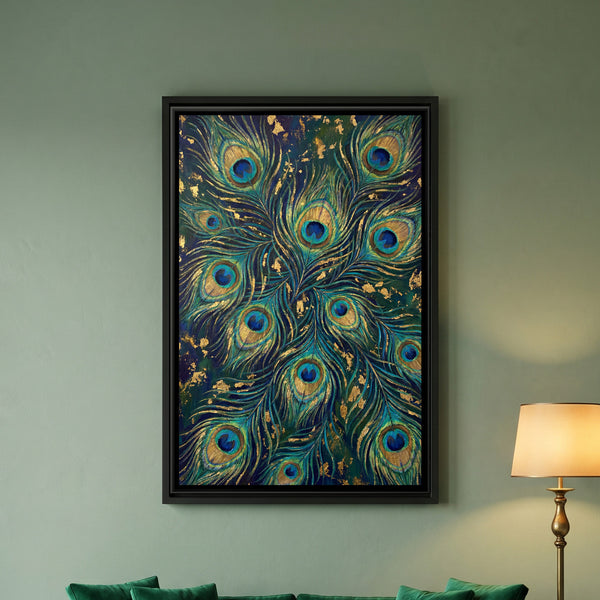 Peacock Feathers — framed canvas art hung on a wall