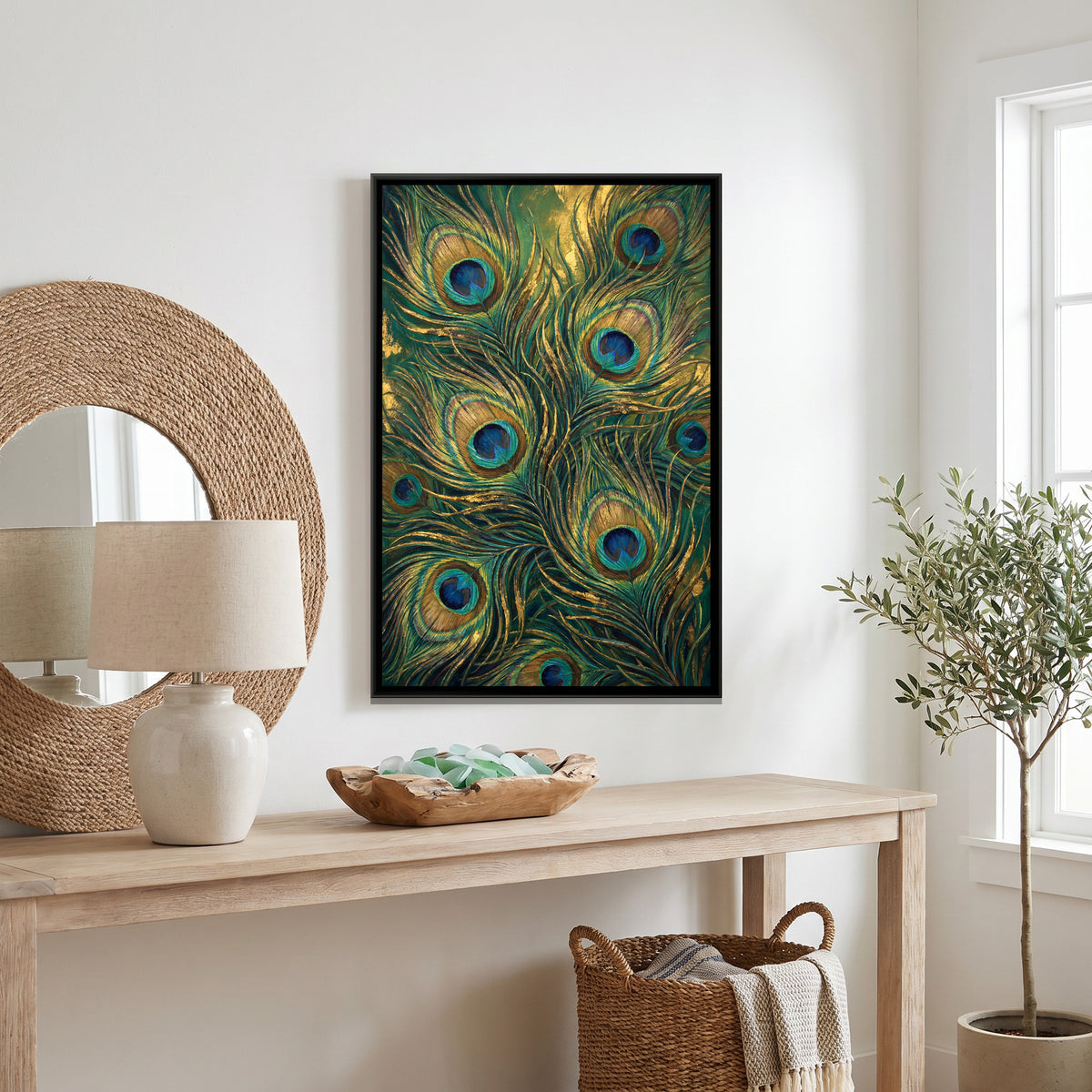 Peacock Feathers — canvas art shown in a second room setting