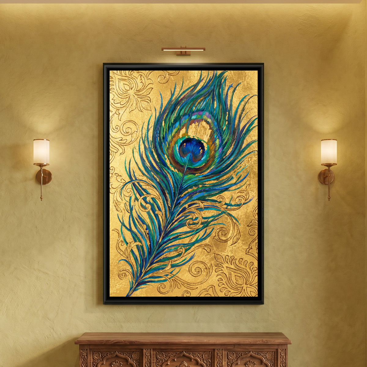 Peacock Feathers — framed canvas art hung on a wall