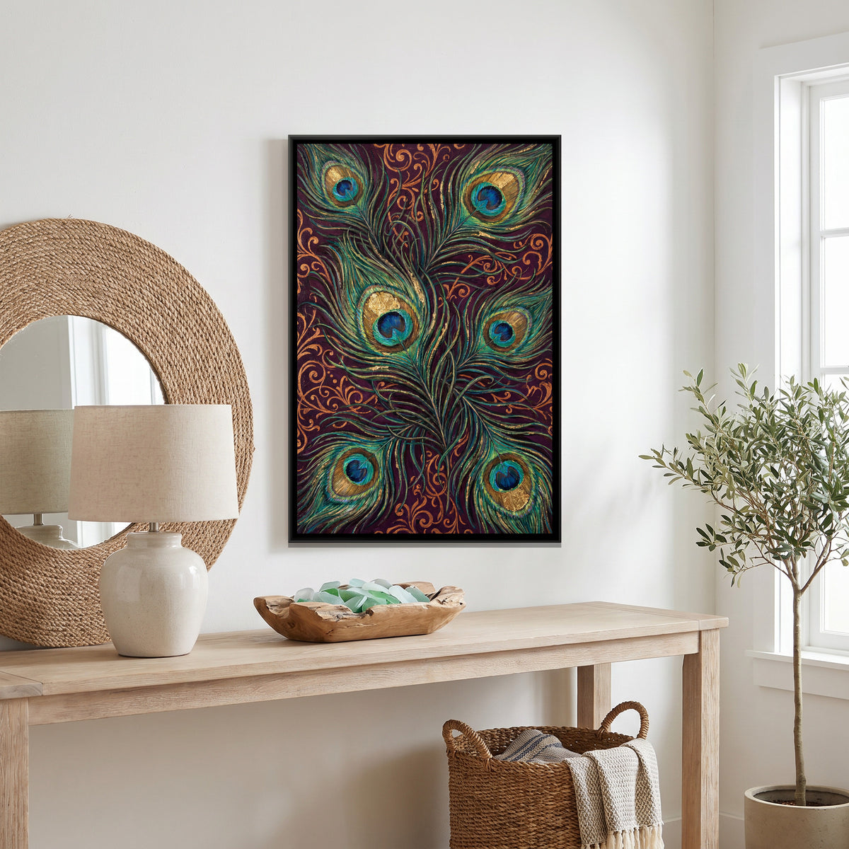 Peacock Feathers — canvas art shown in a second room setting
