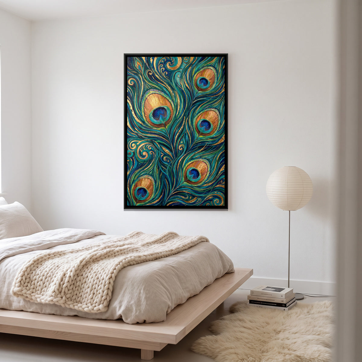 Peacock Feathers — canvas art shown in a styled room