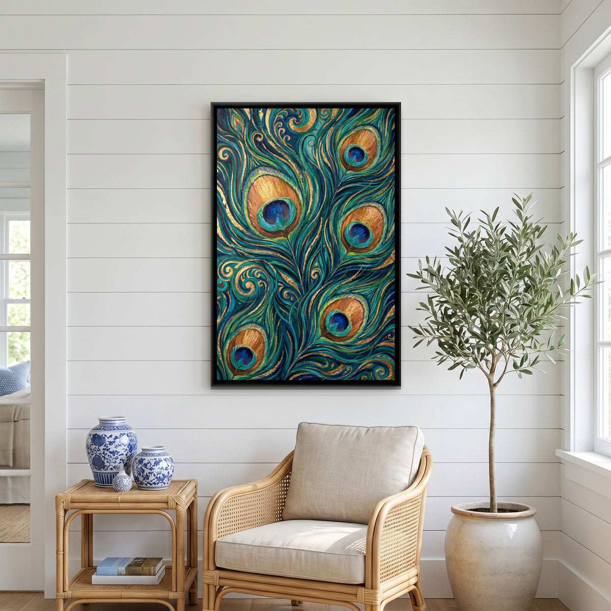 Peacock Feathers — canvas art shown in a second room setting