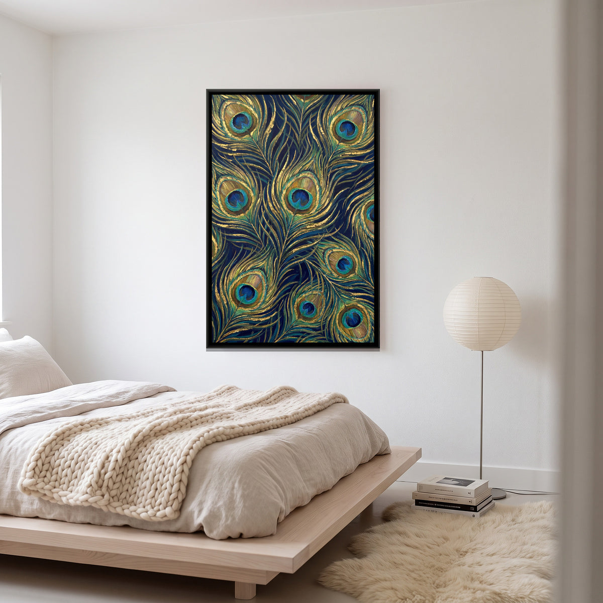 Peacock Feathers — canvas art shown in a styled room