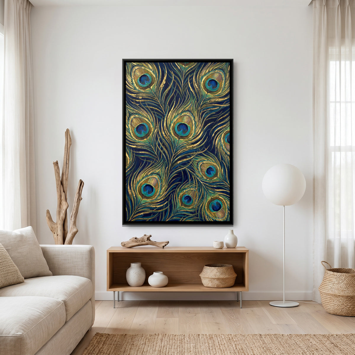 Peacock Feathers — canvas art shown in a second room setting