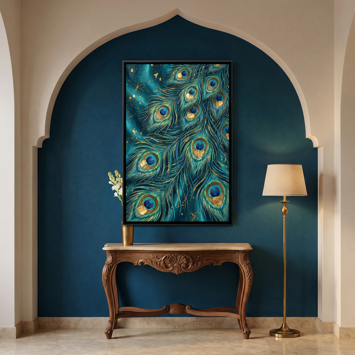 Peacock Feathers — canvas art shown in a styled room
