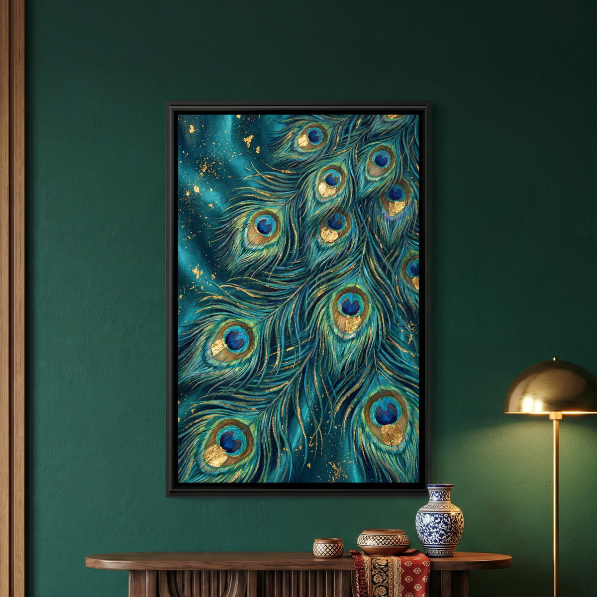 Peacock Feathers — framed canvas art hung on a wall