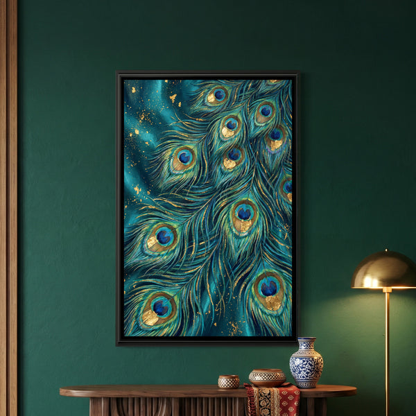 Peacock Feathers — framed canvas art hung on a wall