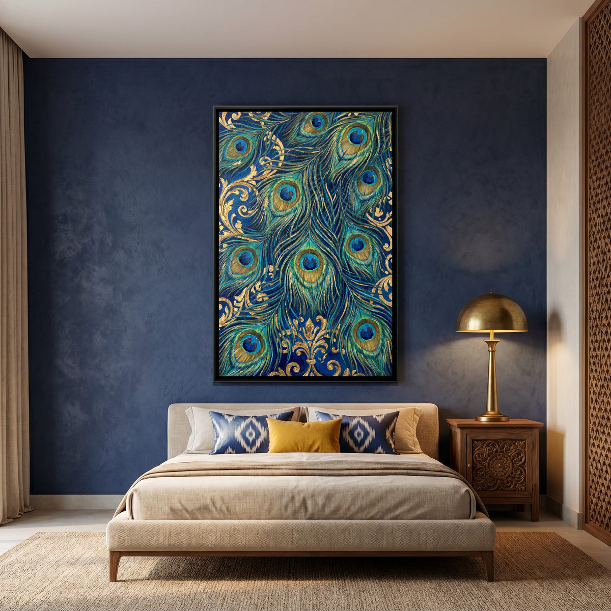 Peacock Feathers — canvas art shown in a styled room