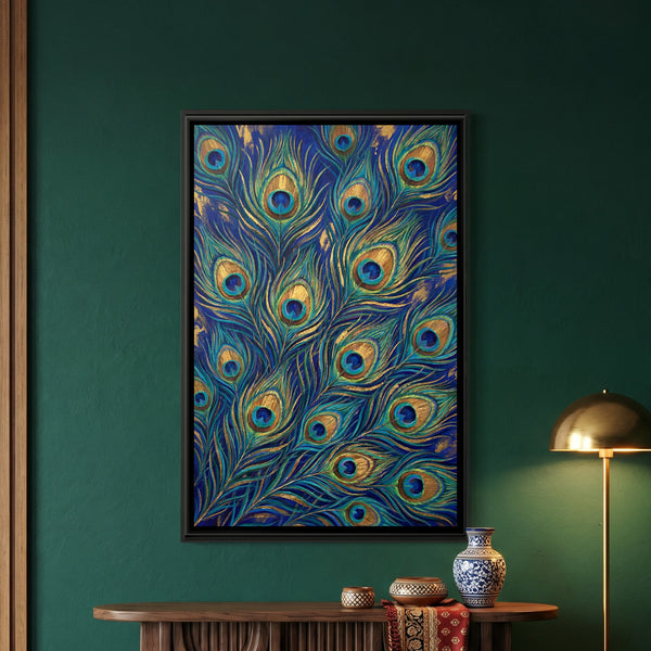 Peacock Feathers — framed canvas art hung on a wall