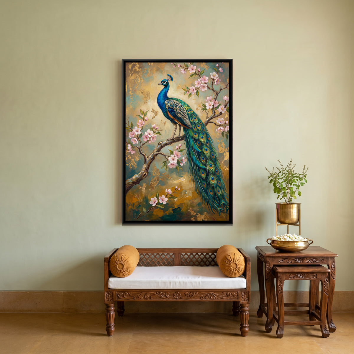Peacock on Blossom Branch — canvas art shown in a styled room