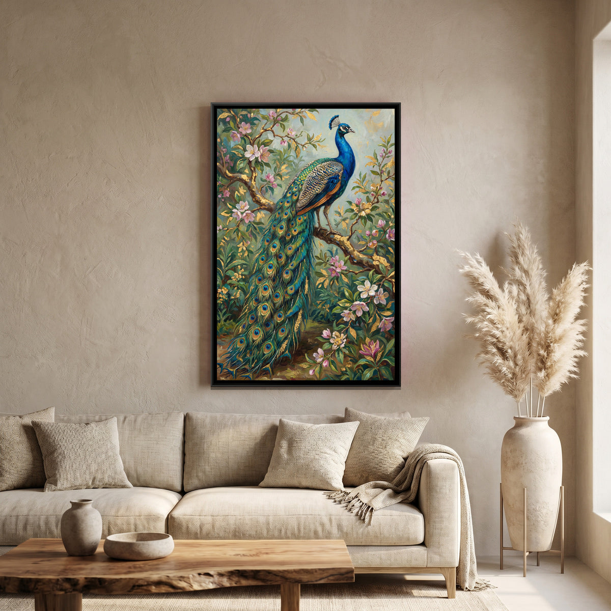 Peacock on Blossom Branch — canvas art shown in a second room setting