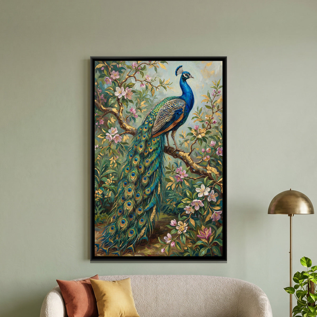 Peacock on Blossom Branch — framed canvas art hung on a wall