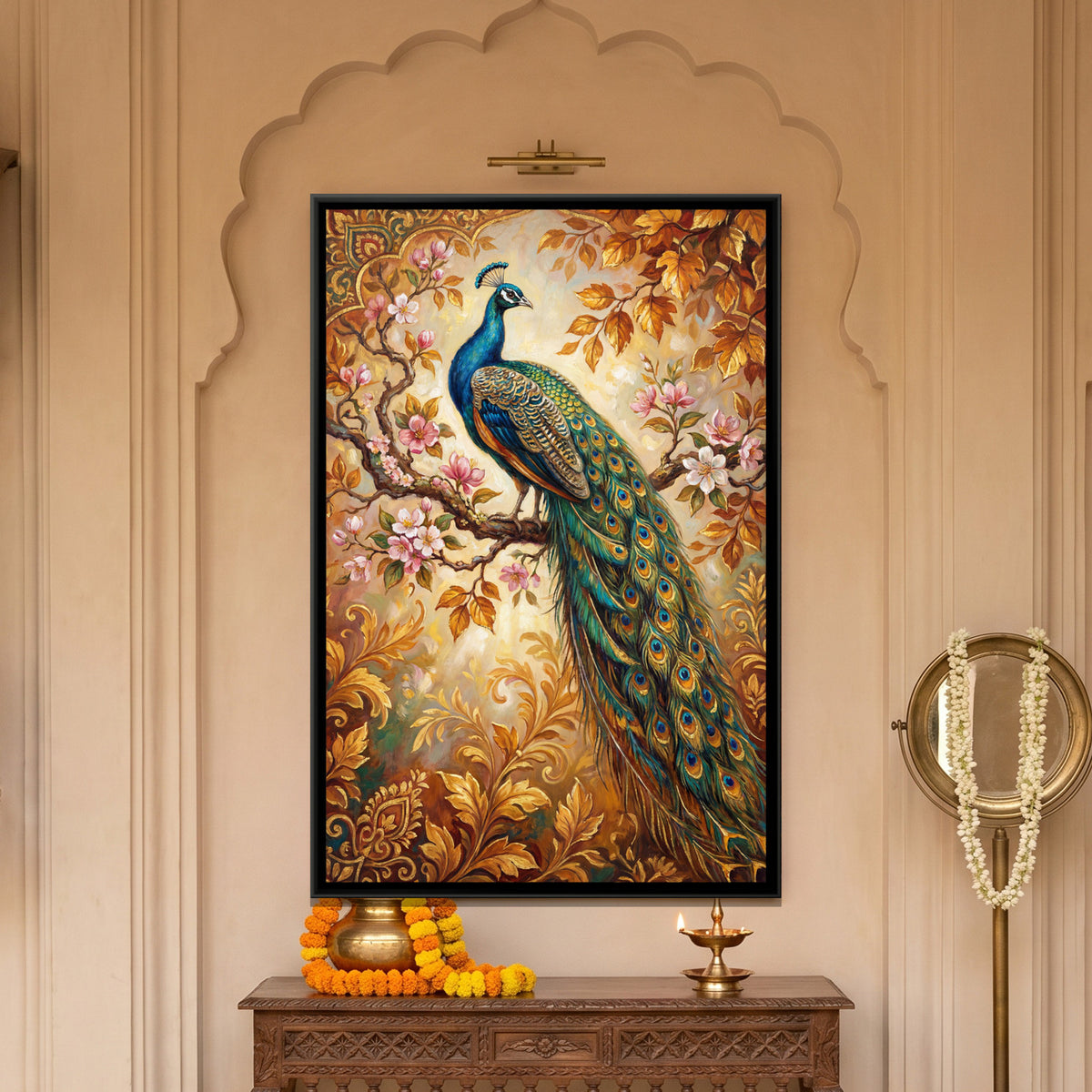 Peacock on a Branch — framed canvas art hung on a wall