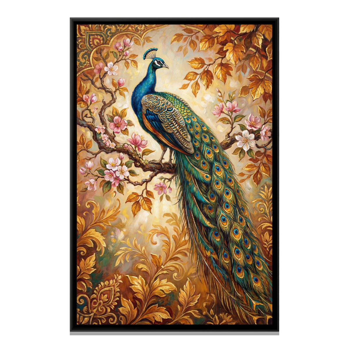 Peacock on a Branch — framed canvas print, front view