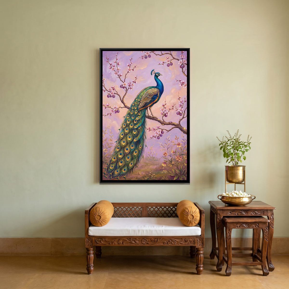 Peacock on a Branch — canvas art shown in a second room setting