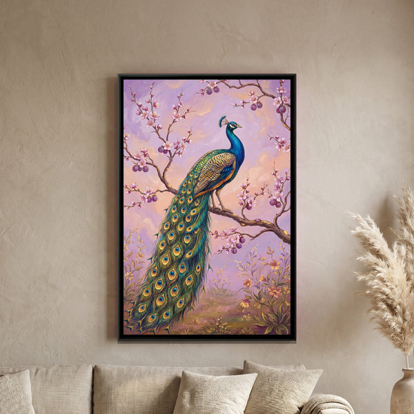 Peacock on a Branch — framed canvas art hung on a wall
