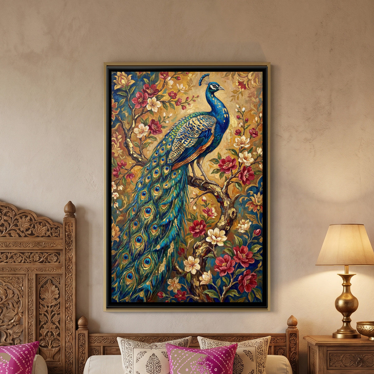 Peacock on a Branch — framed canvas art hung on a wall