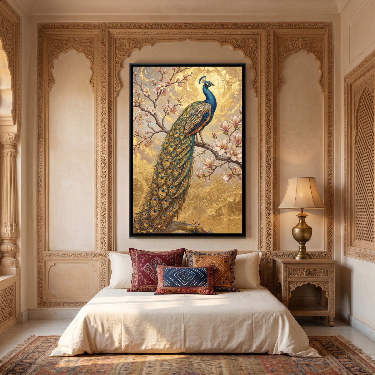 Peacock on a Branch — canvas art shown in a second room setting