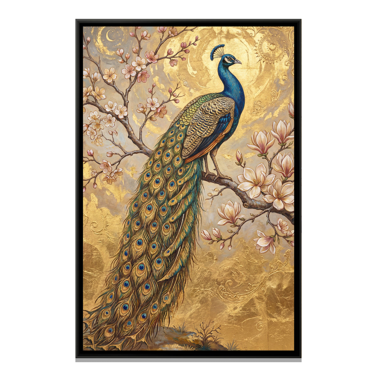 Peacock on a Branch — framed canvas print, front view