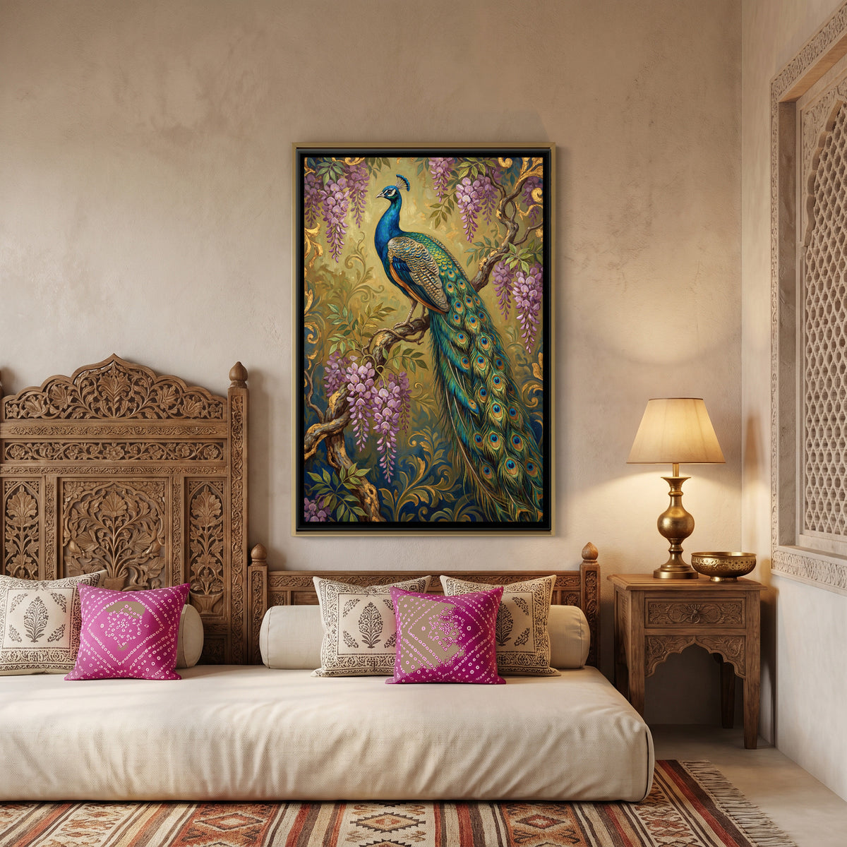 Peacock on a Branch — canvas art shown in a styled room