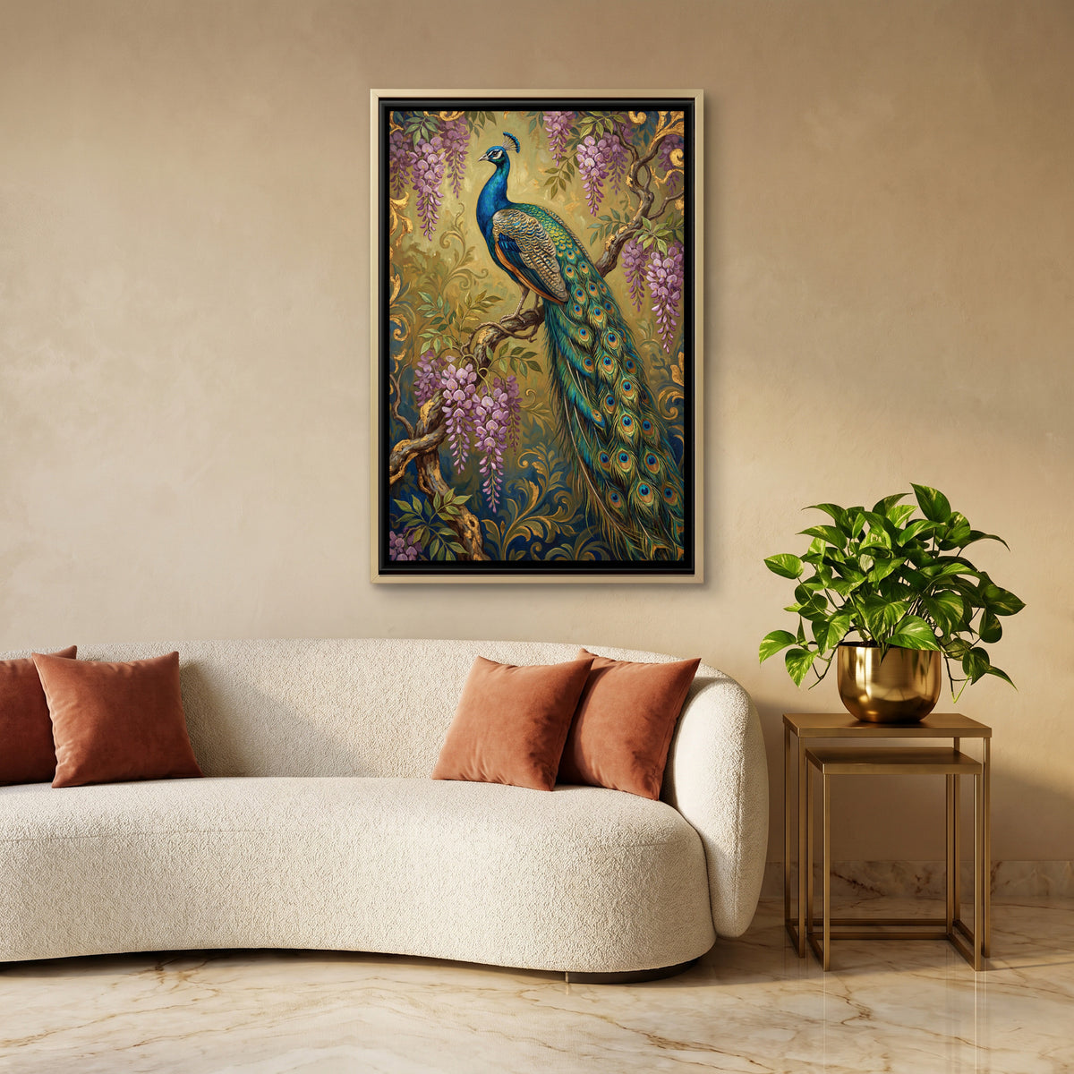 Peacock on a Branch — canvas art shown in a second room setting
