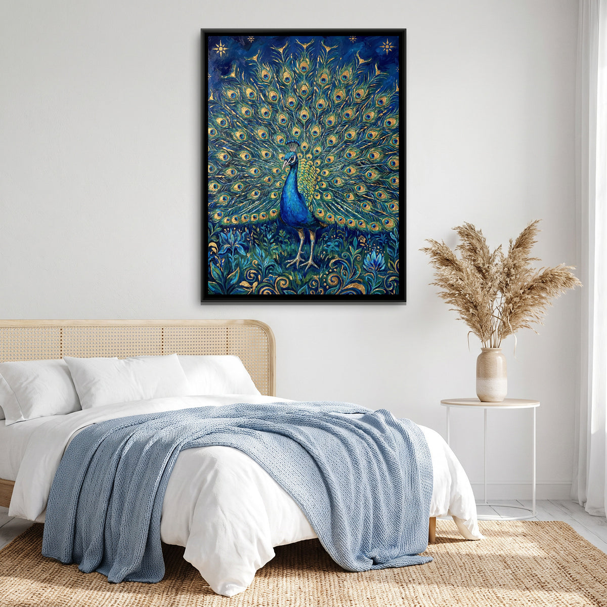 Dancing Peacock — canvas art shown in a styled room